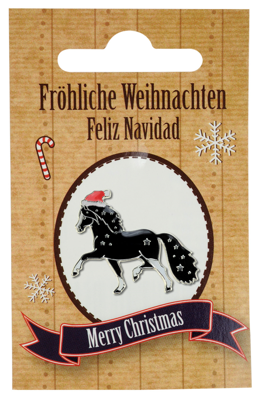 Ansteckpin Pferd "Fröhliche Weihnachten" auf Geschenkkarte