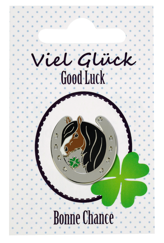 Ansteckpin Pferd "Viel Glück" auf Geschenkkarte